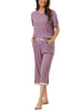 Womens Modal Loose Summer Pajama Set Lace Trim Short Sleeve Capri Pants Sleepwear