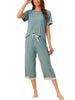 Womens Modal Loose Summer Pajama Set Lace Trim Short Sleeve Capri Pants Sleepwear