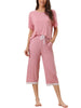 Womens Modal Loose Summer Pajama Set Lace Trim Short Sleeve Capri Pants Sleepwear