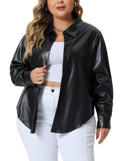 Plus Size Faux Leather Shirts for Women Loose Fit Blazer Long Sleeves Button Motorcycle Biker Coat Casual Jacket