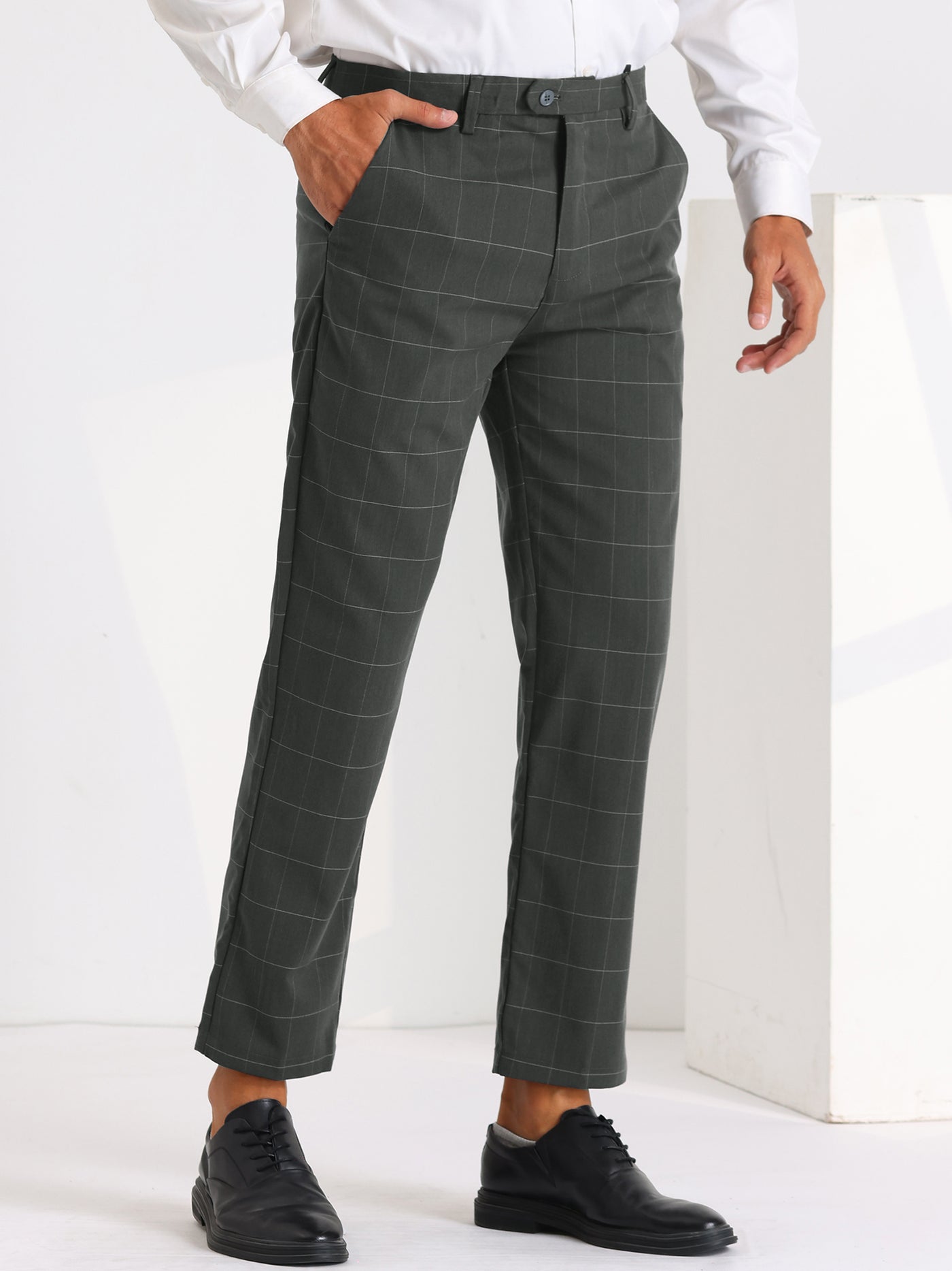 Bublédon Plaid Dress Pants for Men's Slim Fit Flat Front Stretch Business Checked Trousers