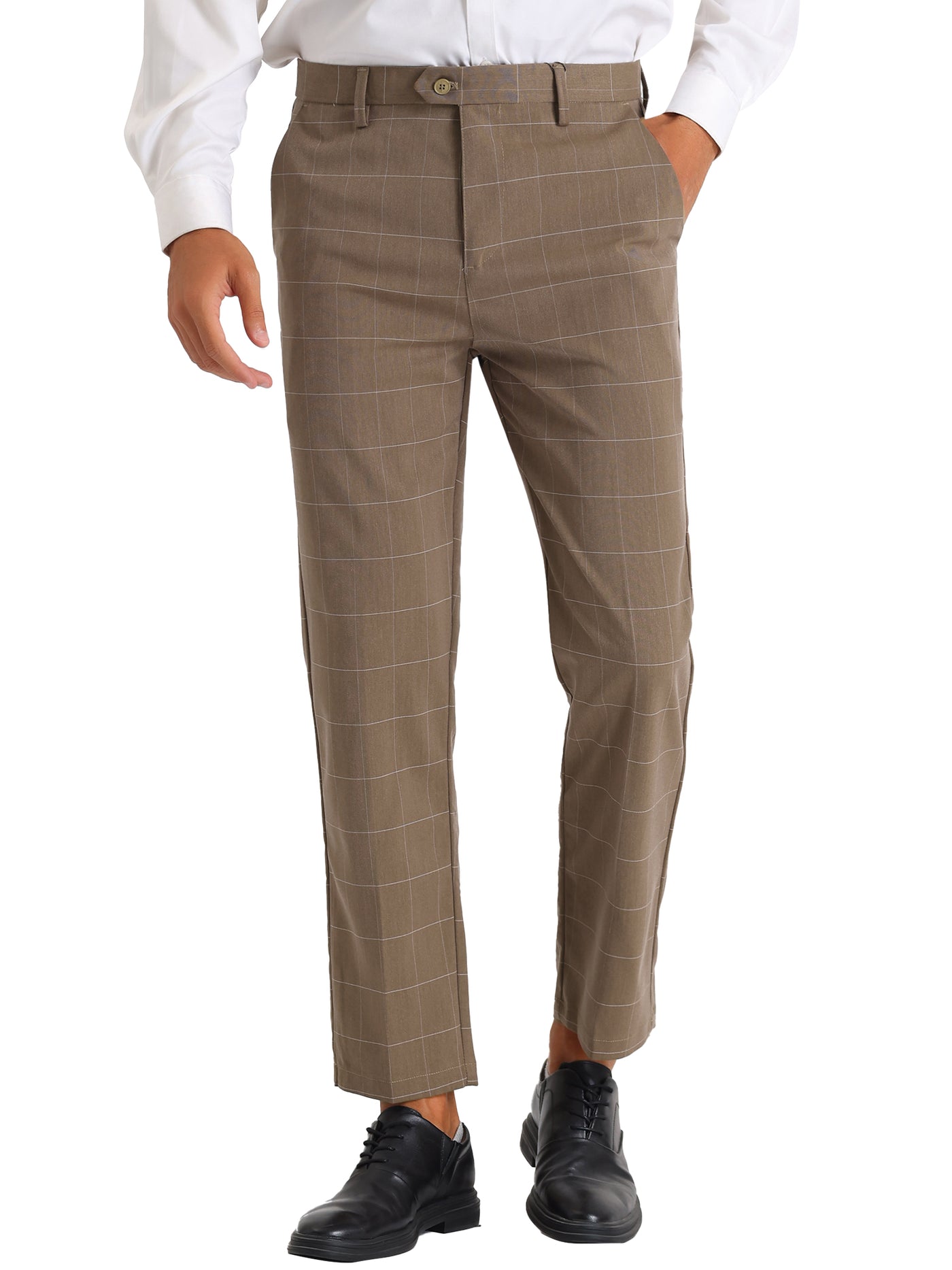 Bublédon Plaid Dress Pants for Men's Slim Fit Flat Front Stretch Business Checked Trousers