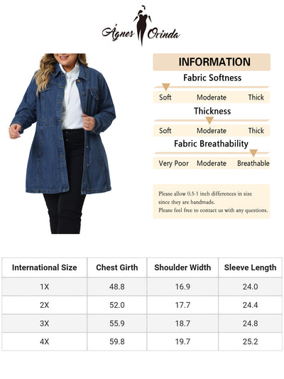 Plus Size Denim Jacket for Women Buttons Long Sleeve Jean Jackets