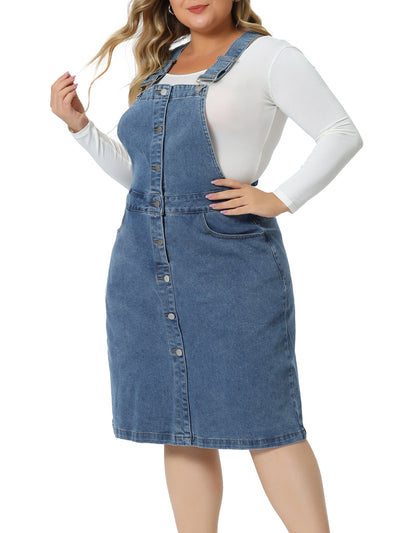 Plus Size Denim Overall Dress for Women Button Front Adjustable Strap Suspender Jean Skirt