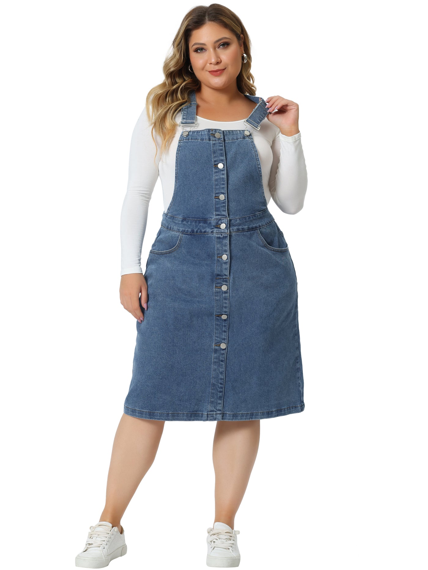 Bublédon Plus Size Denim Overall Dress for Women Button Front Adjustable Strap Suspender Jean Skirt