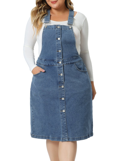 Plus Size Denim Overall Dress for Women Button Front Adjustable Strap Suspender Jean Skirt