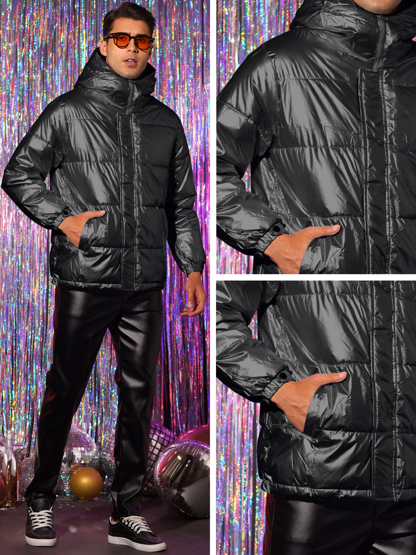 Bublédon Metallic Puffer Jacket for Men's Hooded Long Sleeves Full Zip Shiny Quilted Jackets