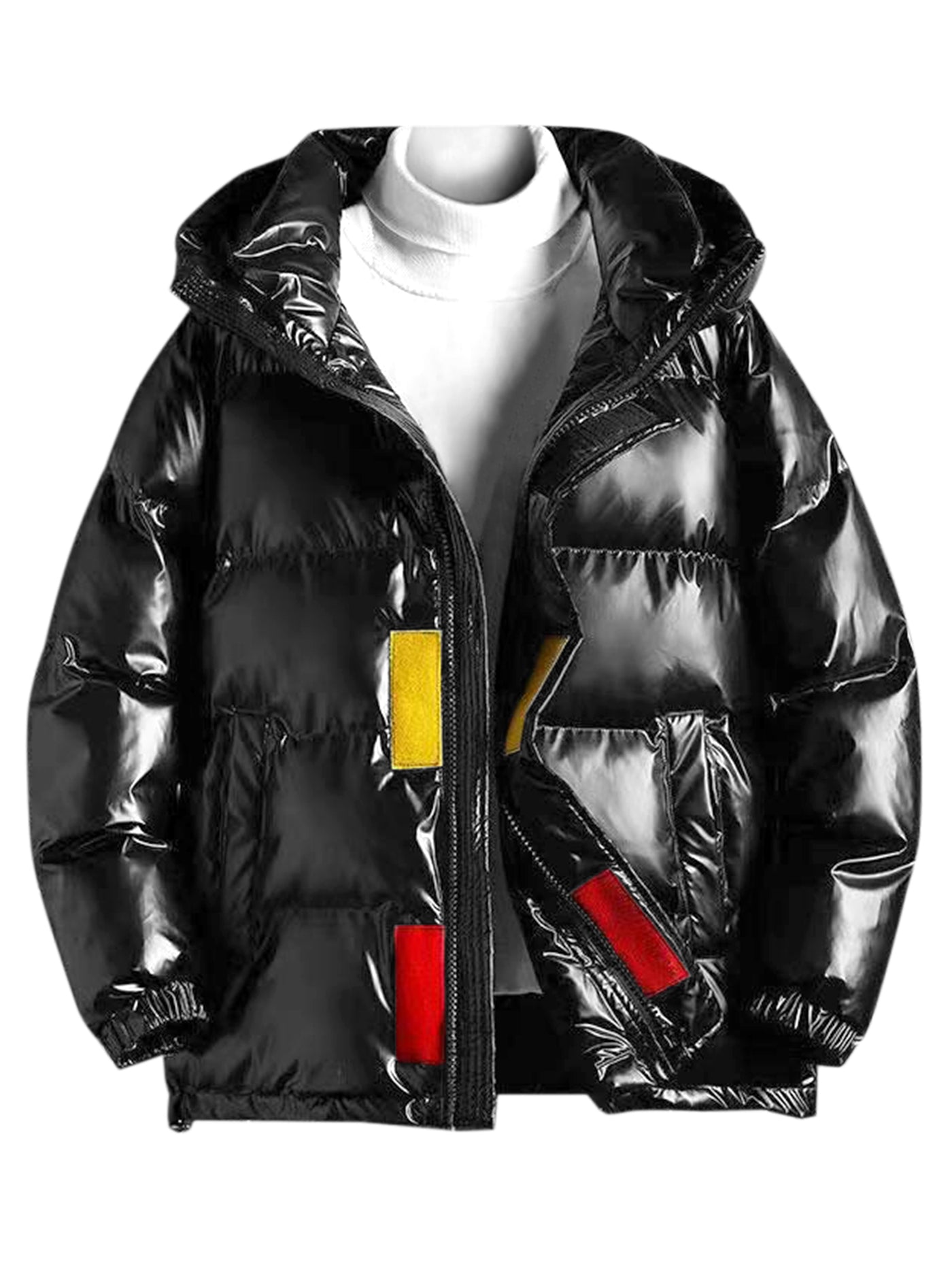Bublédon Metallic Puffer Jacket for Men's Hooded Long Sleeves Full Zip Shiny Quilted Jackets