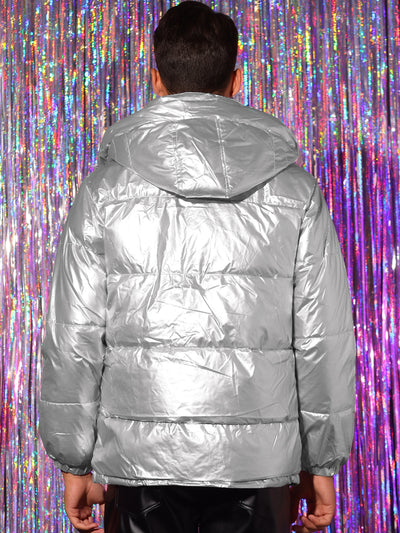 Metallic Puffer Jacket for Men's Hooded Long Sleeves Full Zip Shiny Quilted Jackets