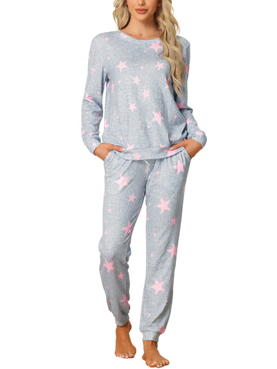 Womens Long Sleeve Pajama Sets Kint Printed Pattern 2 Piece Sleepwear