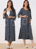 Womens Zip Front Robe 3/4 Sleeve Striped Long Bathrobe House Dress Housecoat Pajama