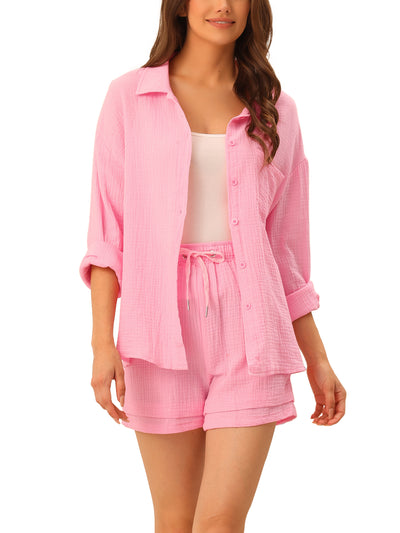 Womens Sleepwear Button Down Long Sleeve Shirt with Shorts Casual Lounge Sets
