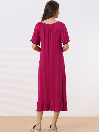 Womens Summer Pajamas Dress Sleepwear Short Sleeves Midi Loungewear Nightgown