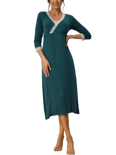 Womens Sleepwear Soft Lace Trim V Neck Long Sleeve Rayon Nightshirt Midi Nightgowns