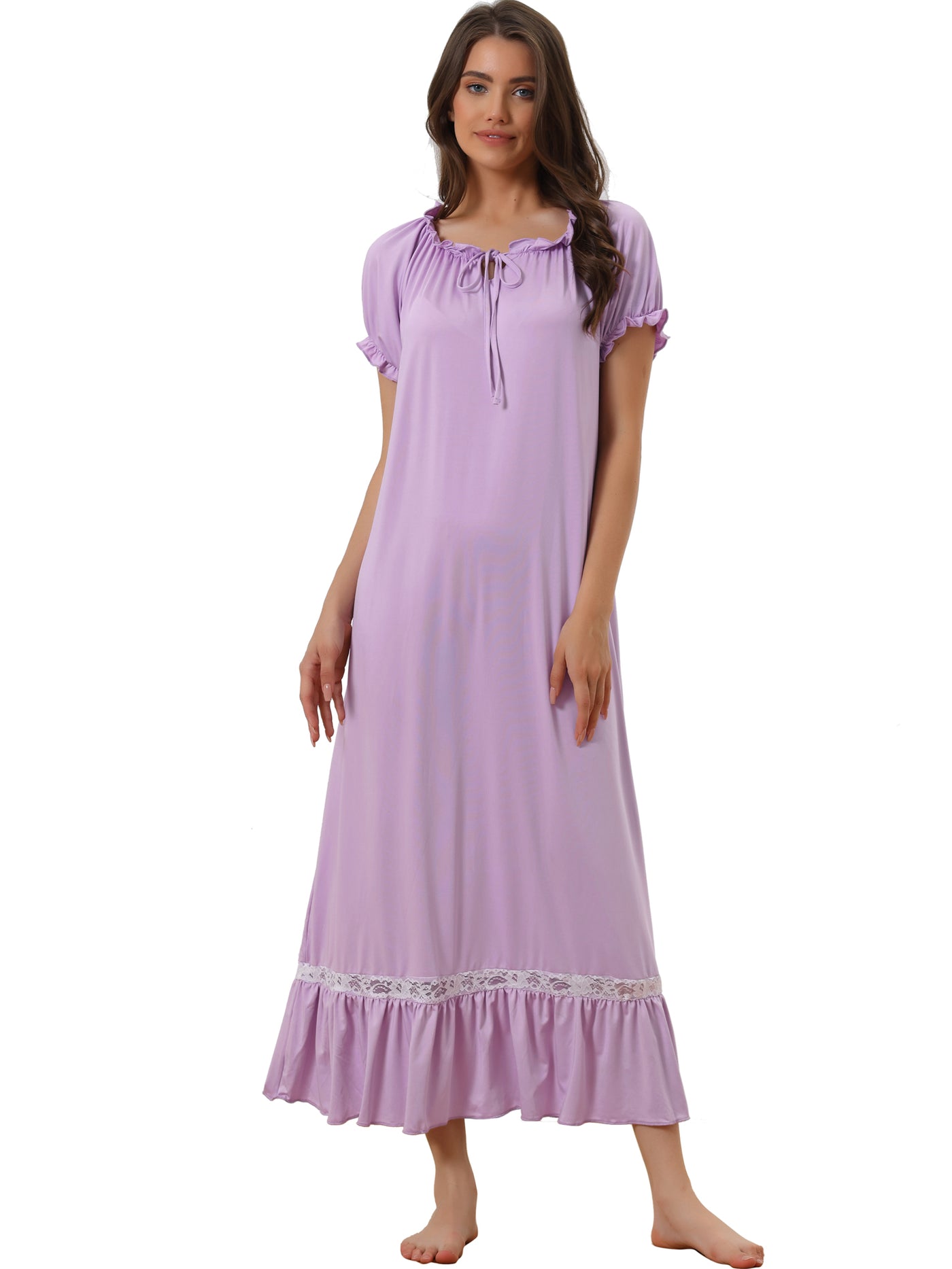 Bublédon Womens Victorian Nightgown Ruffle Short Sleeve Tie Neck Nightshirt Pajama Sleep Dress