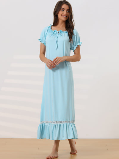 Womens Victorian Nightgown Ruffle Short Sleeve Tie Neck Nightshirt Pajama Sleep Dress