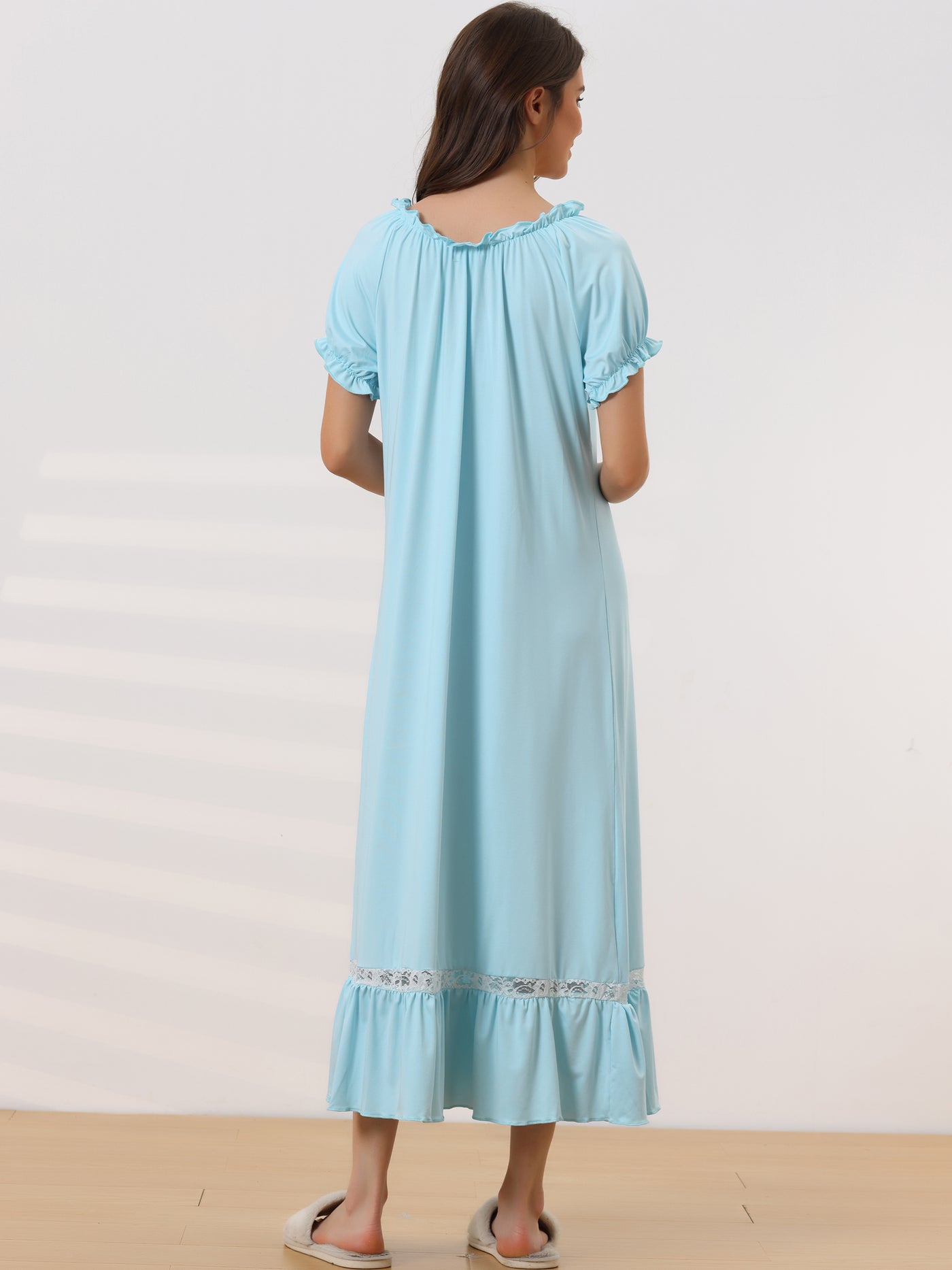 Bublédon Womens Victorian Nightgown Ruffle Short Sleeve Tie Neck Nightshirt Pajama Sleep Dress