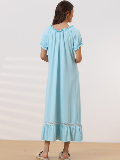 Womens Victorian Nightgown Ruffle Short Sleeve Tie Neck Nightshirt Pajama Sleep Dress