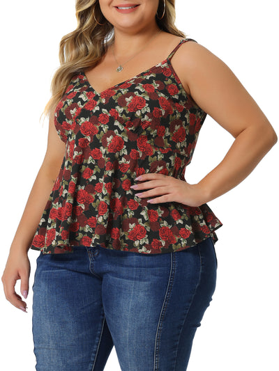 Plus Size Tank Tops for Women V Neck Adjustable Strap Loose Fit Flowy Rose Floral Sleeveless Shirt