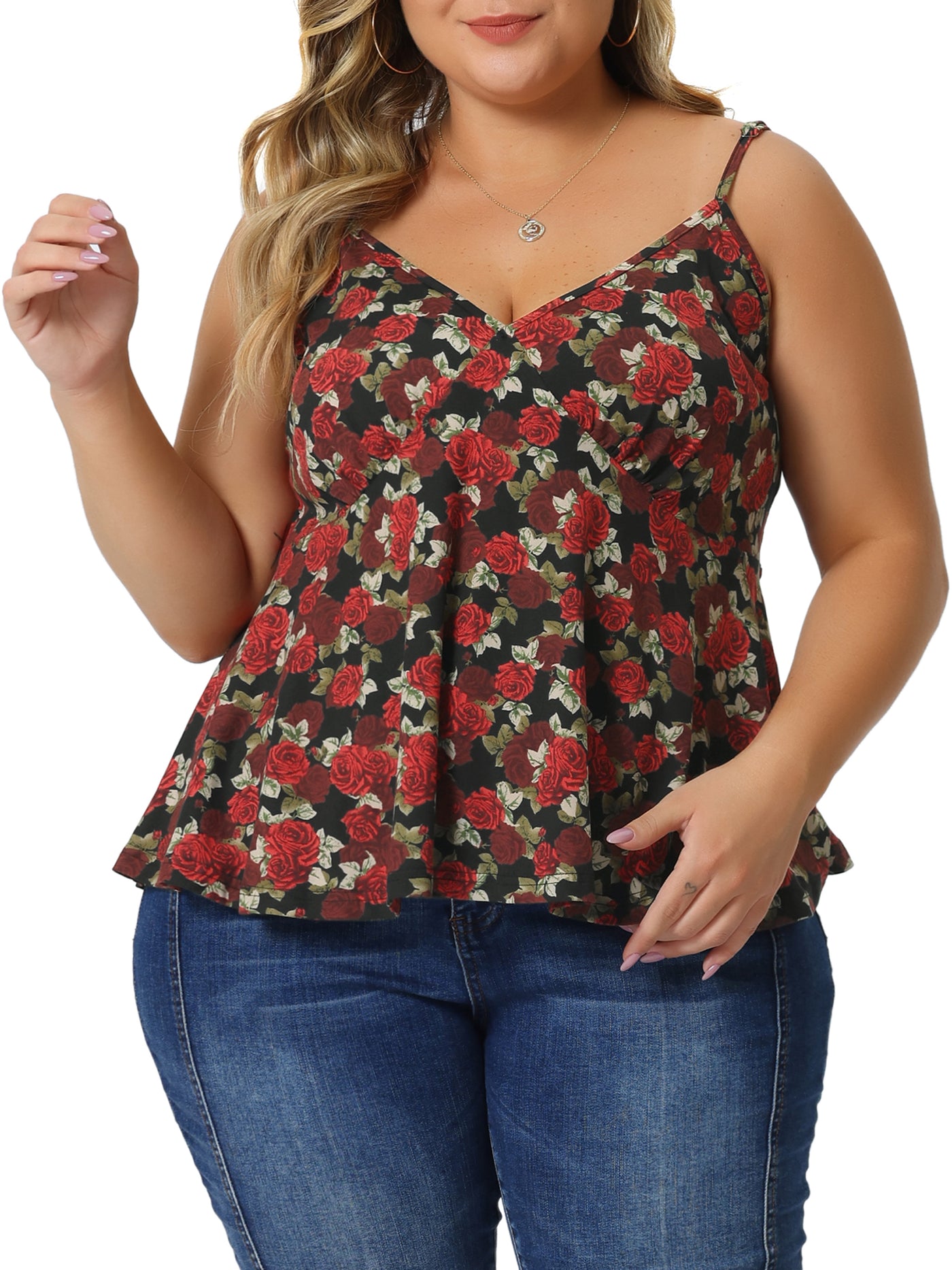Bublédon Plus Size Tank Tops for Women V Neck Adjustable Strap Loose Fit Flowy Rose Floral Sleeveless Shirt