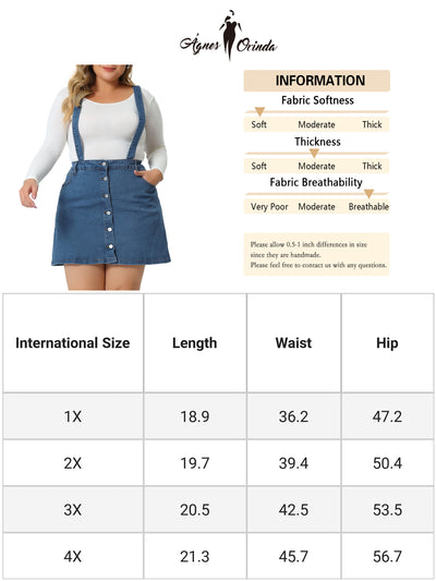Plus Size Suspender Skirt for Women Adjustable Strap Cross Back Mini A-Line Denim Skirts
