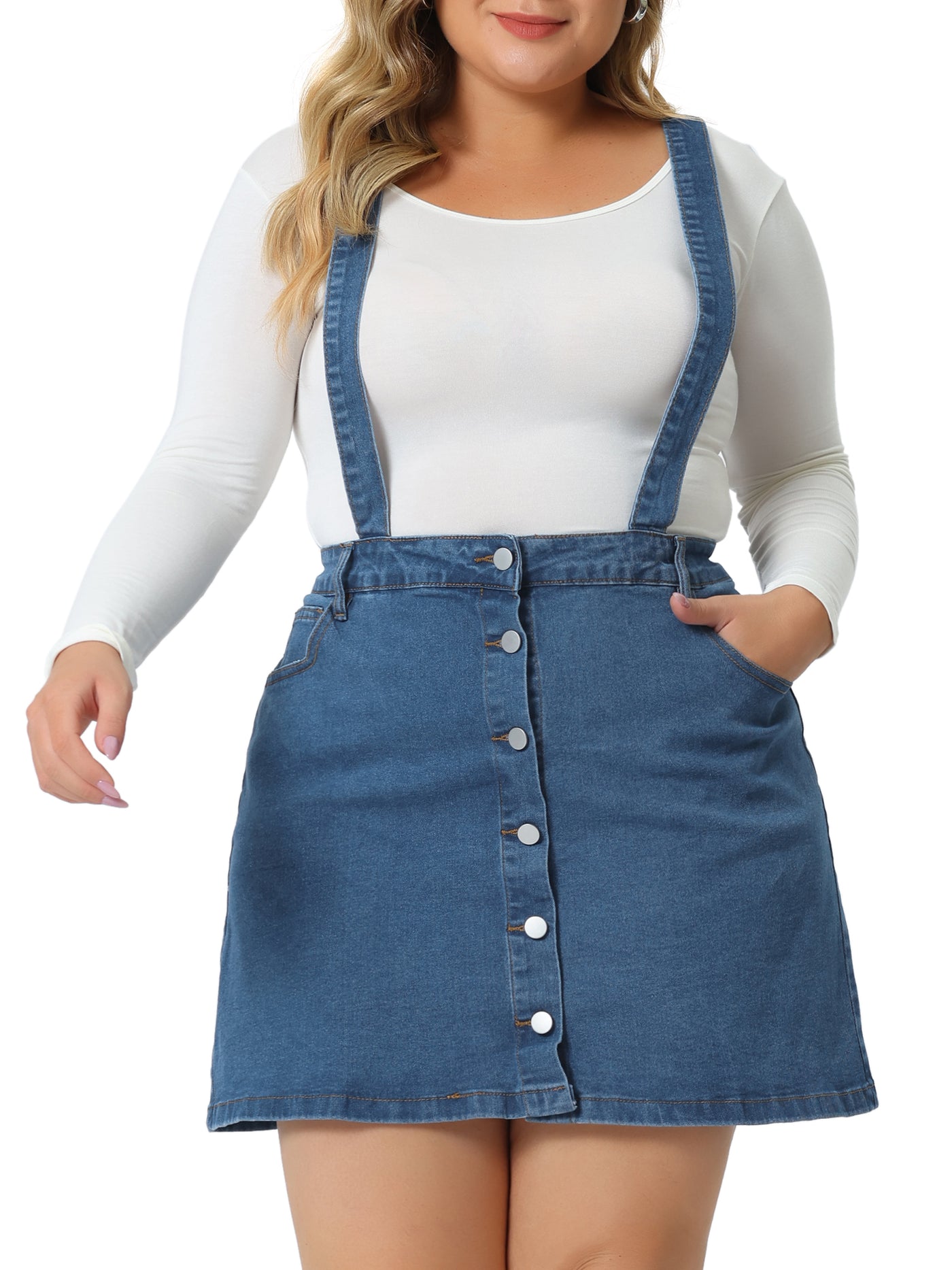Bublédon Plus Size Suspender Skirt for Women Adjustable Strap Cross Back Mini A-Line Denim Skirts