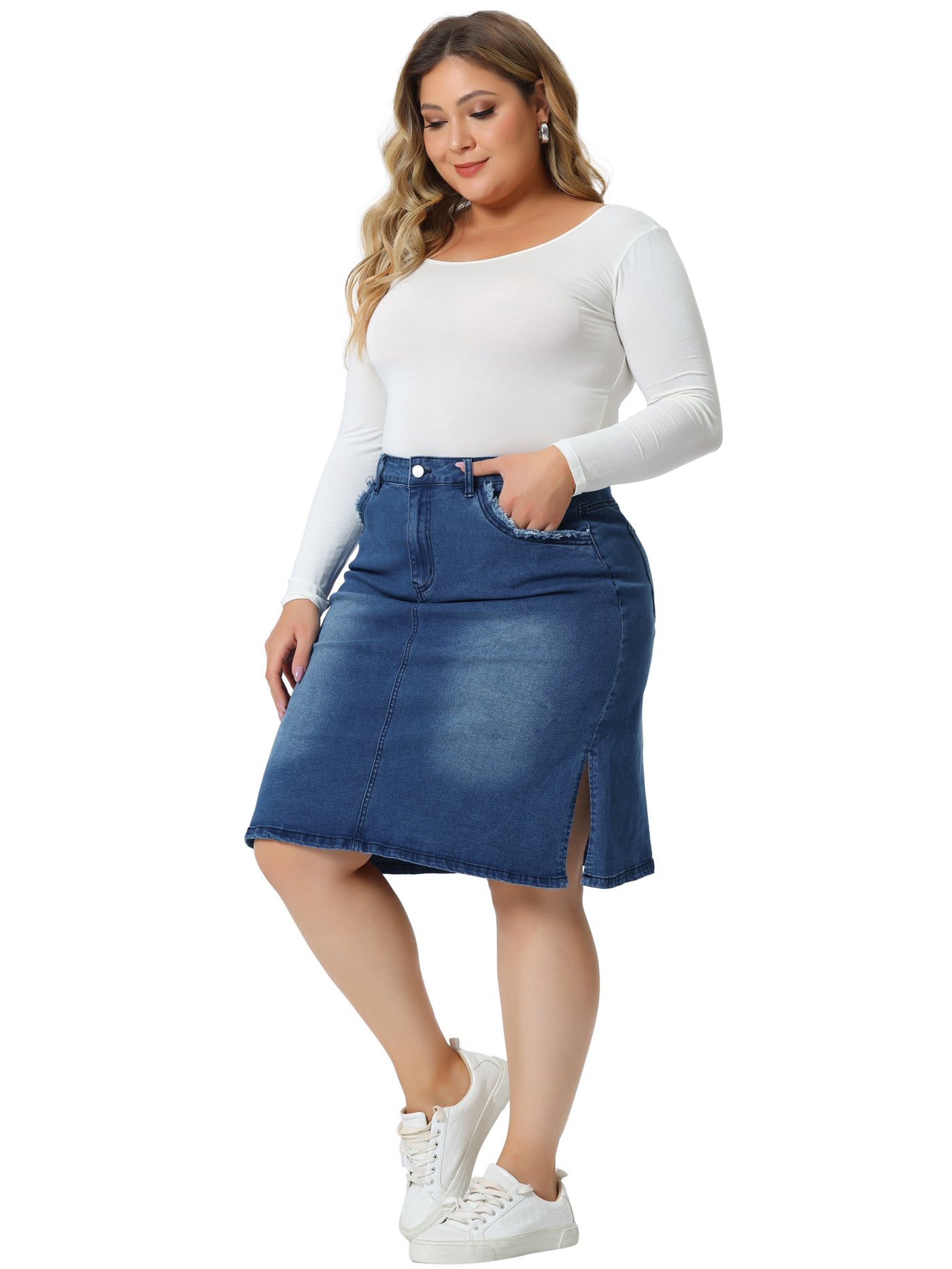 Bublédon Plus Size Pencil Skirt for Women Casual Slim Side Slit Jean Denim Skirts