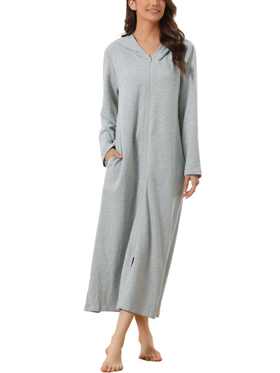 Womens Robe Zip Front Hooded House Dress Nightshirt Housecoat Hoodie Long Loungewear Bathrobe