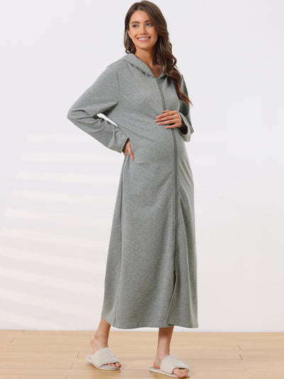 Womens Robe Zip Front Hooded House Dress Nightshirt Housecoat Hoodie Long Loungewear Bathrobe