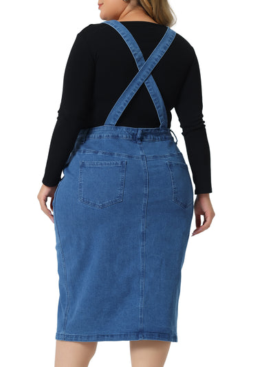 Plus Size Overall Dress for Women Classic Adjustable Straps Above Knee Slit Hem Denim Dresses