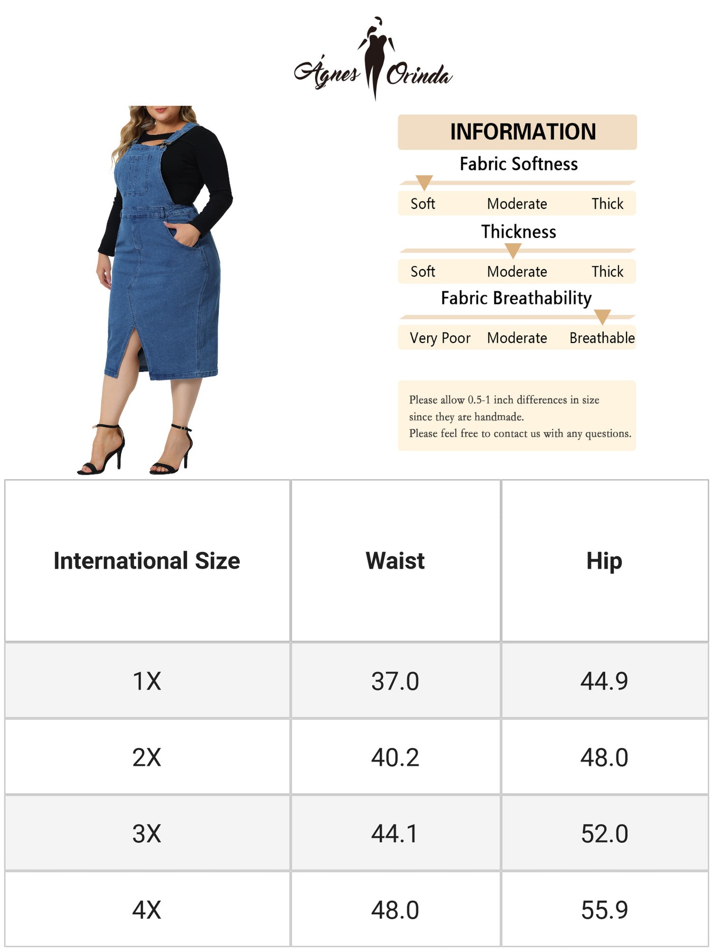 Bublédon Plus Size Overall Dress for Women Classic Adjustable Straps Above Knee Slit Hem Denim Dresses