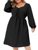 Plus Size Midi Dresses For Women Long Sleeve Sweetheart V Neck Bow Tie Swing Ruffle Babydoll Swiss Dots Boho Dress