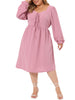 Plus Size Midi Dresses For Women Long Sleeve Sweetheart V Neck Bow Tie Swing Ruffle Babydoll Swiss Dots Boho Dress