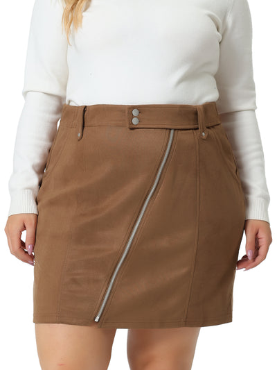 Plus Size Skirt for Women Faux Suede Zipper Front Pockets Elastic Waist Mini Skirts