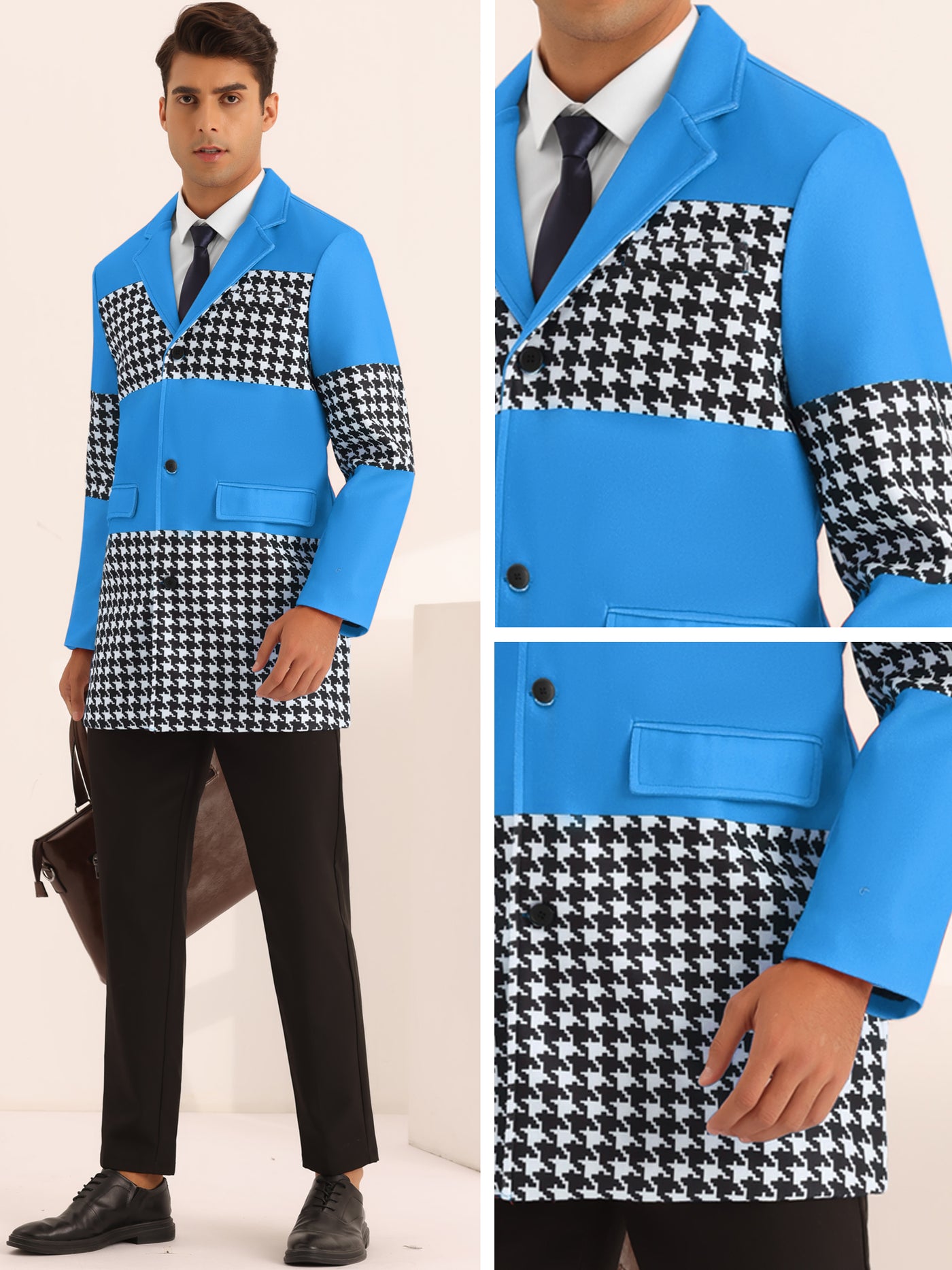 Bublédon Houndstooth Overcoat for Men's Single Breasted Color Block Patchwork Long Coat