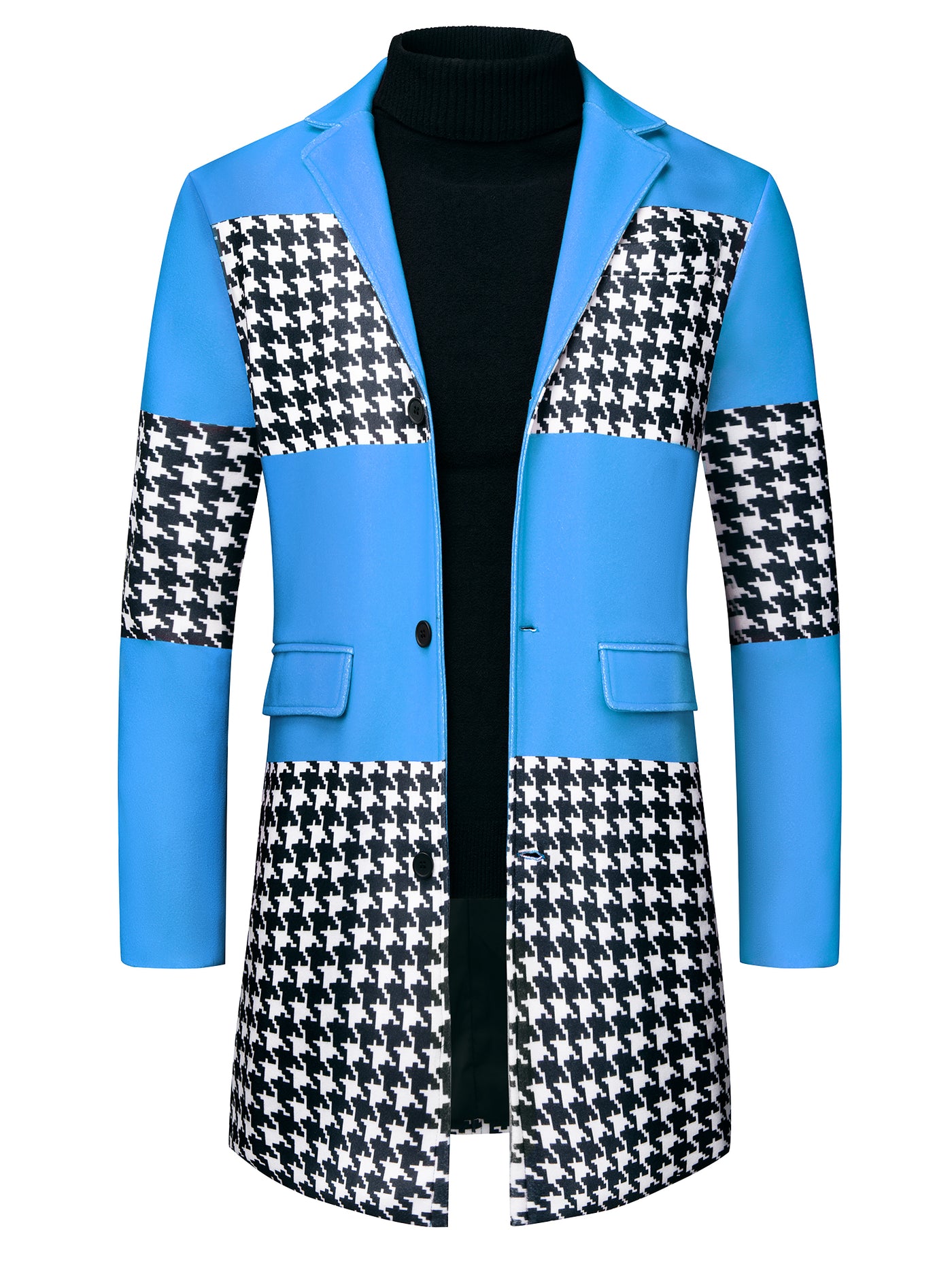 Bublédon Houndstooth Overcoat for Men's Single Breasted Color Block Patchwork Long Coat