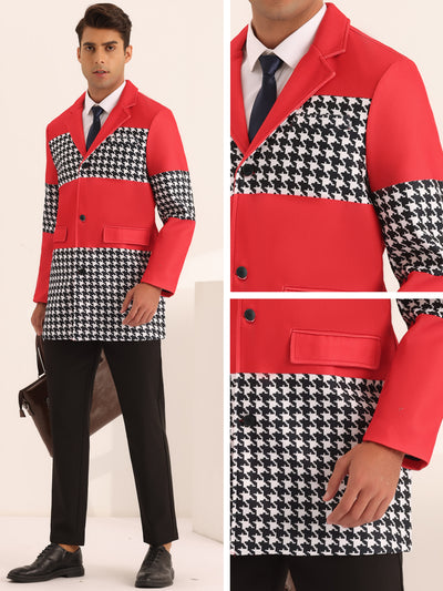 Houndstooth Overcoat for Men's Single Breasted Color Block Patchwork Long Coat