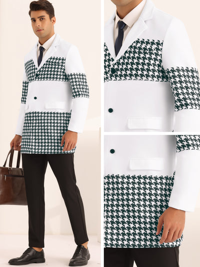 Houndstooth Overcoat for Men's Single Breasted Color Block Patchwork Long Coat