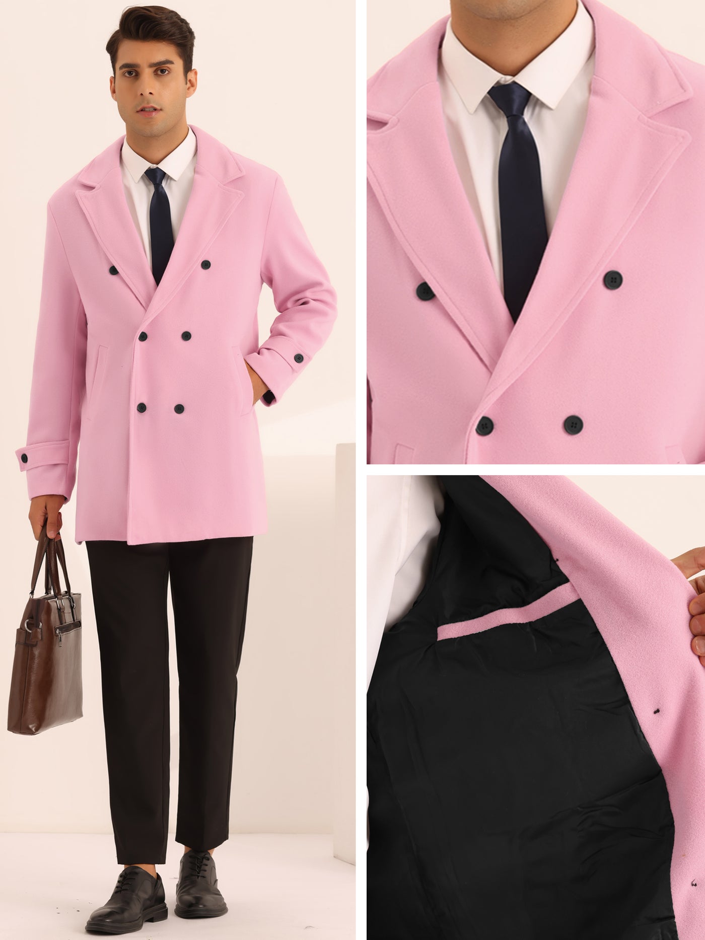 Bublédon Formal Overcoat for Men's Notched Lapel Solid Color Double Breasted Trench Coat