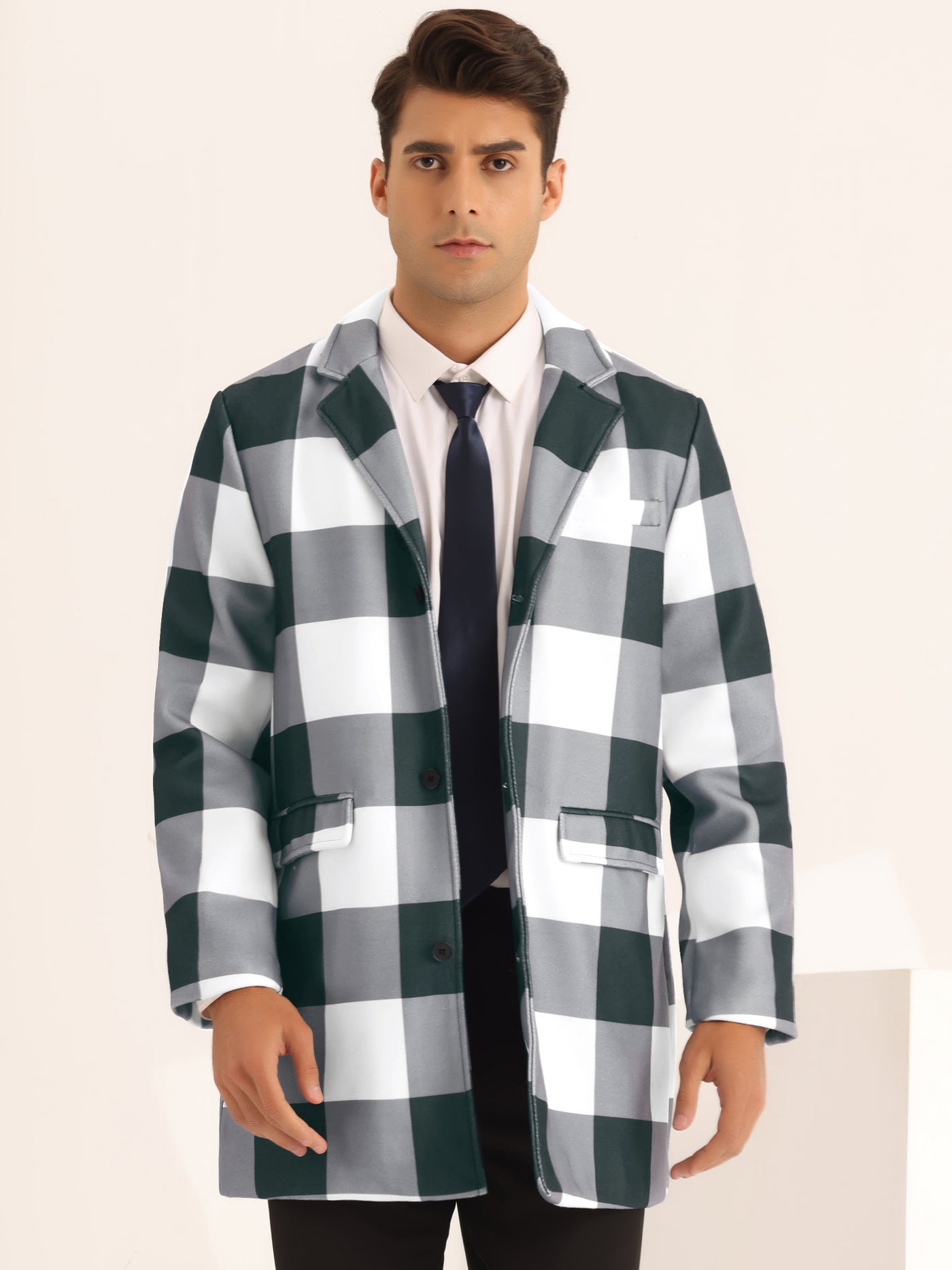 Bublédon Plaid Overcoat for Men's Notch Lapel Color Block Single Breasted Formal Checked Coat