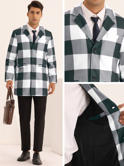 Plaid Overcoat for Men's Notch Lapel Color Block Single Breasted Formal Checked Coat