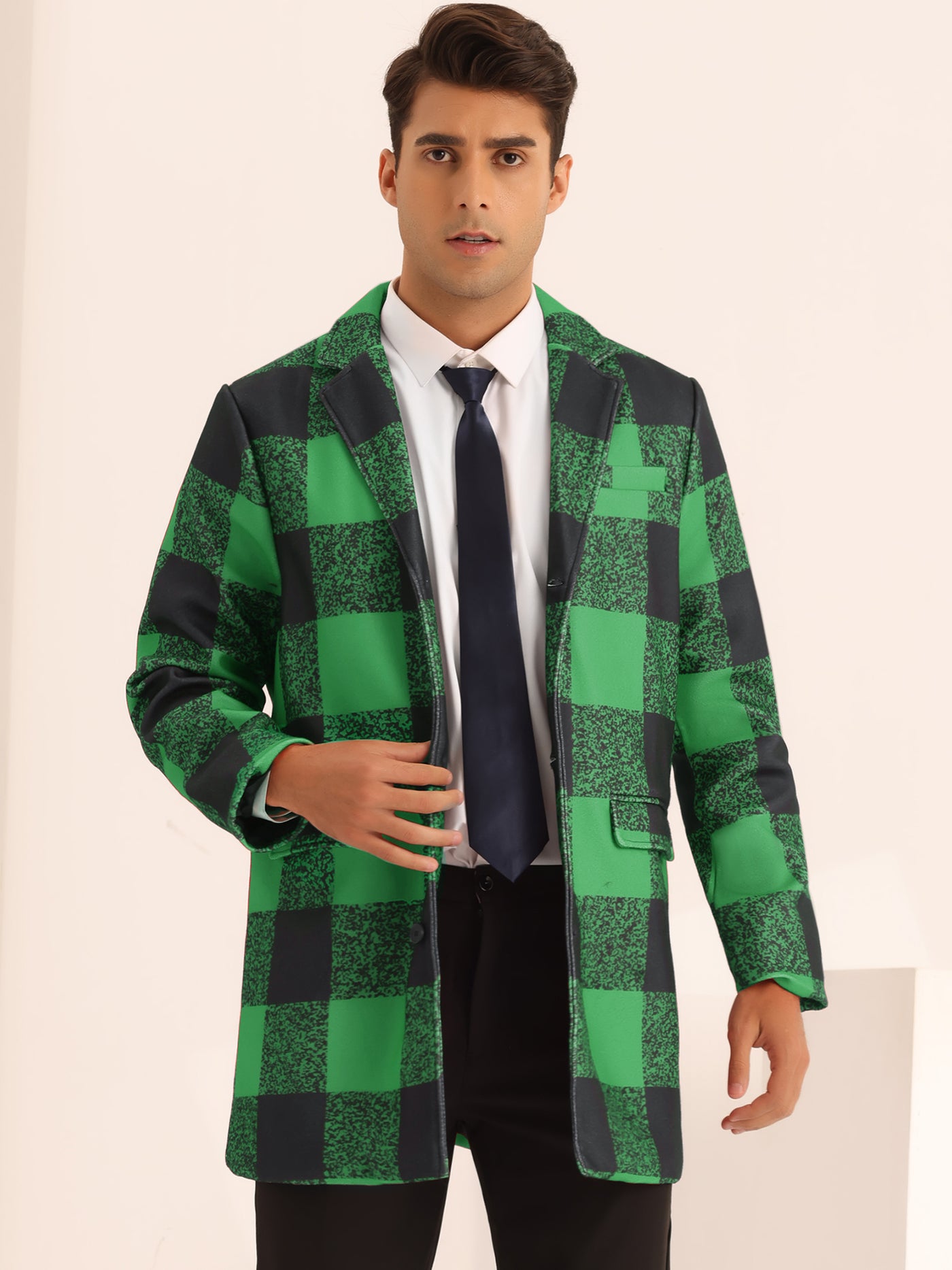Bublédon Plaid Overcoat for Men's Notch Lapel Color Block Single Breasted Formal Checked Coat