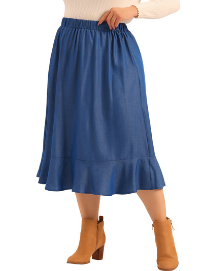 Bublédon Plus Size Midi Skirt For Women Elastic Waist Denim Tiered Pleated Hem Chambray Skirts