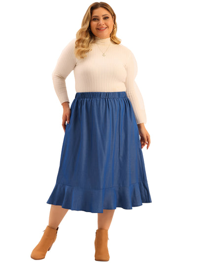Plus Size Midi Skirt For Women Elastic Waist Denim Tiered Pleated Hem Chambray Skirts