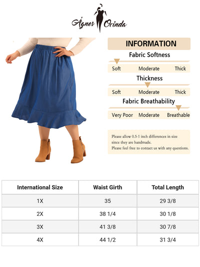 Plus Size Midi Skirt For Women Elastic Waist Denim Tiered Pleated Hem Chambray Skirts