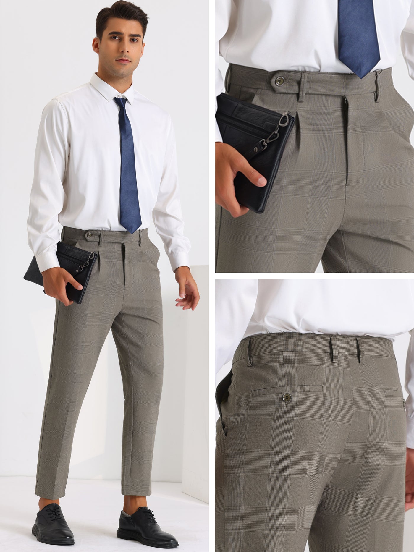 Bublédon Men's Expandable Waist Pleated Formal Plaid Pants
