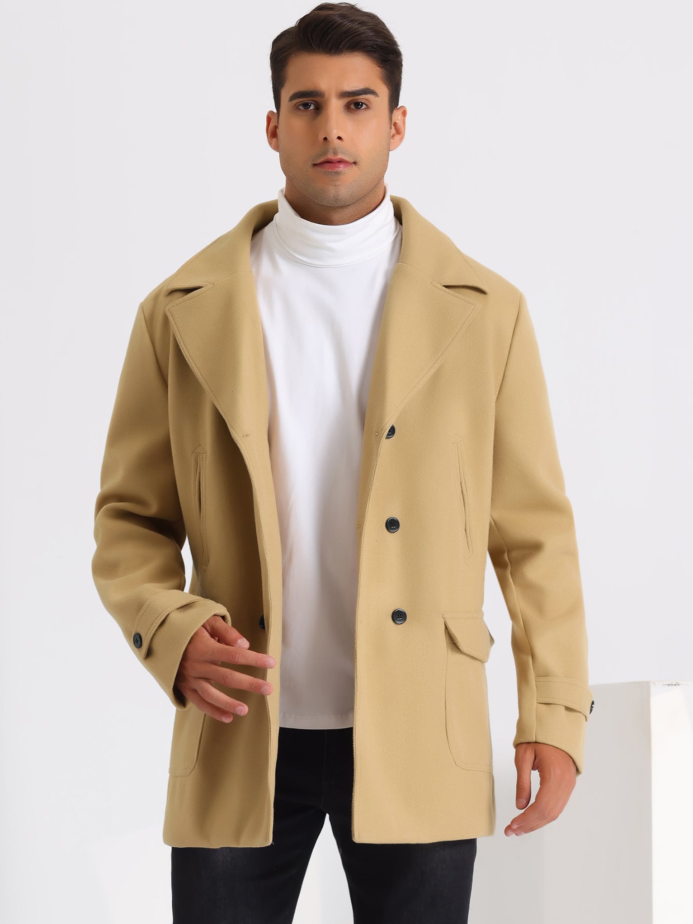 Bublédon Double Breasted Pea Coat for Men's Notched Collar Classic Winter Overcoat