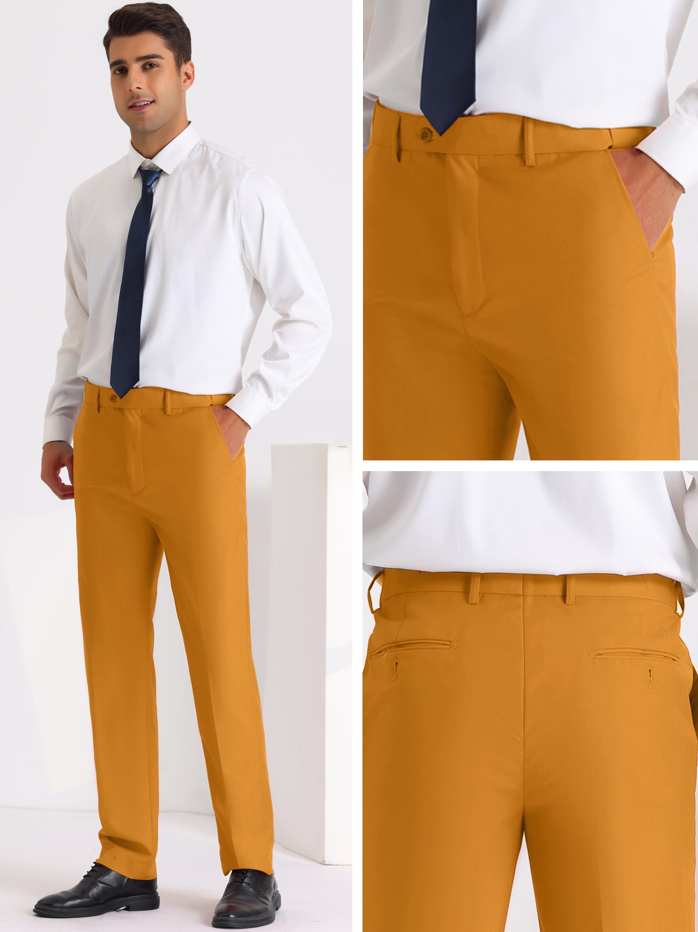 Bublédon Solid Dress Pants for Men's Business Button Closure Flat Front Formal Trousers