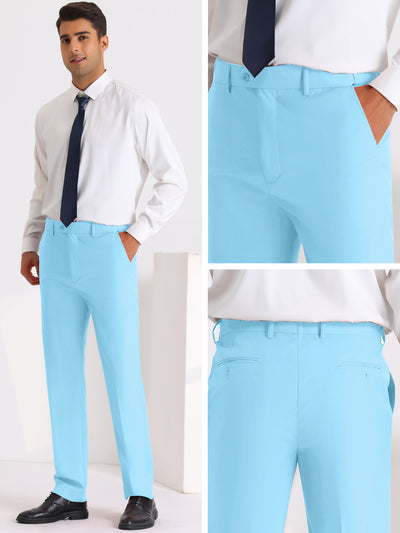 Solid Dress Pants for Men's Business Button Closure Flat Front Formal Trousers