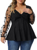 Plus Size V Neck Panel Heart Sheer Mesh Long Sleeve Shirts Blouses Babydoll Tops